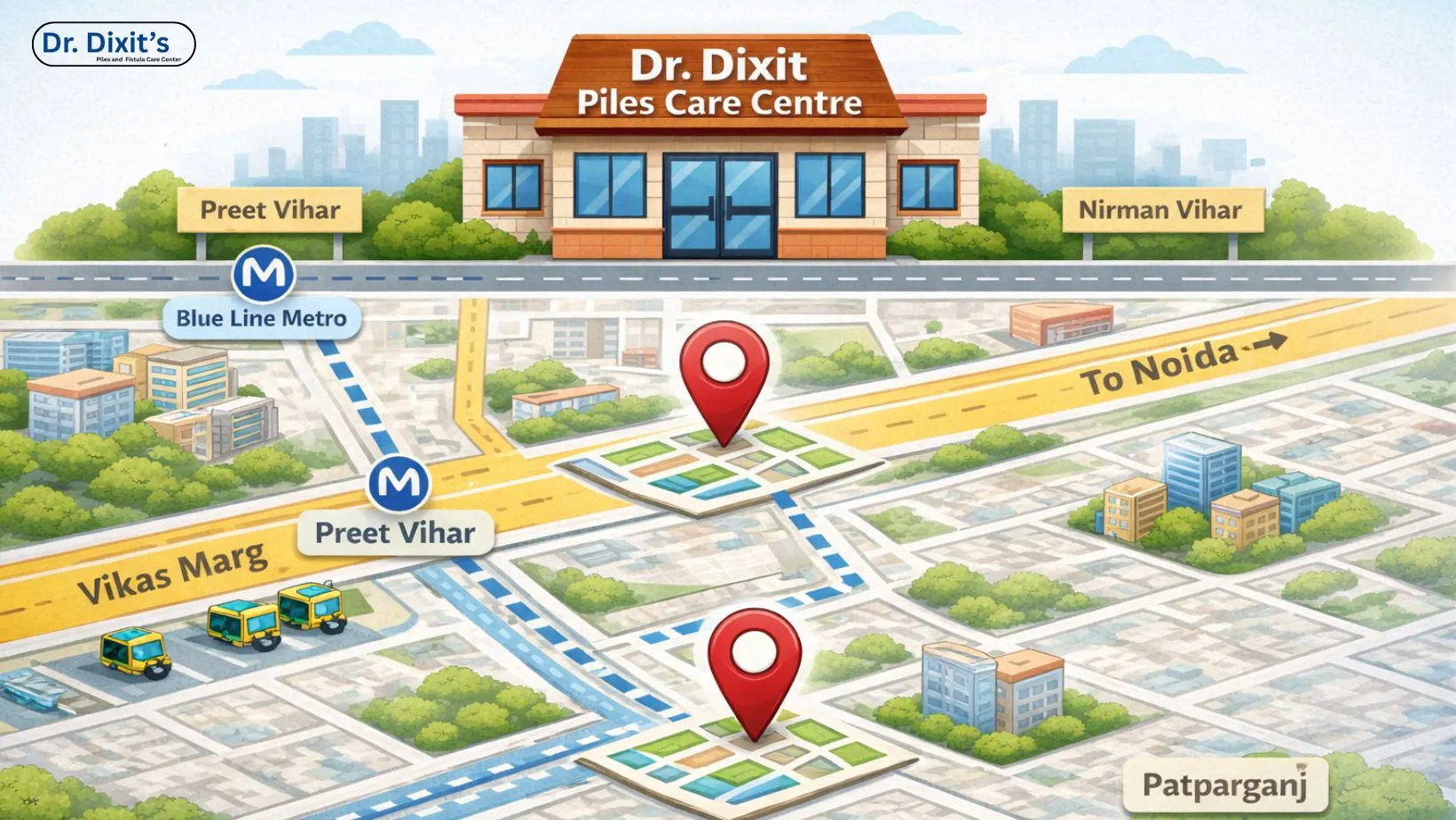 How to Reach Dr. Dixit Piles Care Centre in Laxmi Nagar, Delhi?